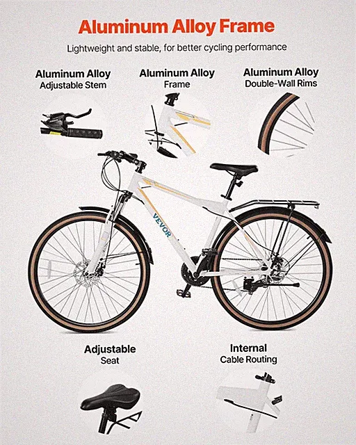 Hybrid Bike, Lightweight Aluminum Frame Bike, Dual Brakes