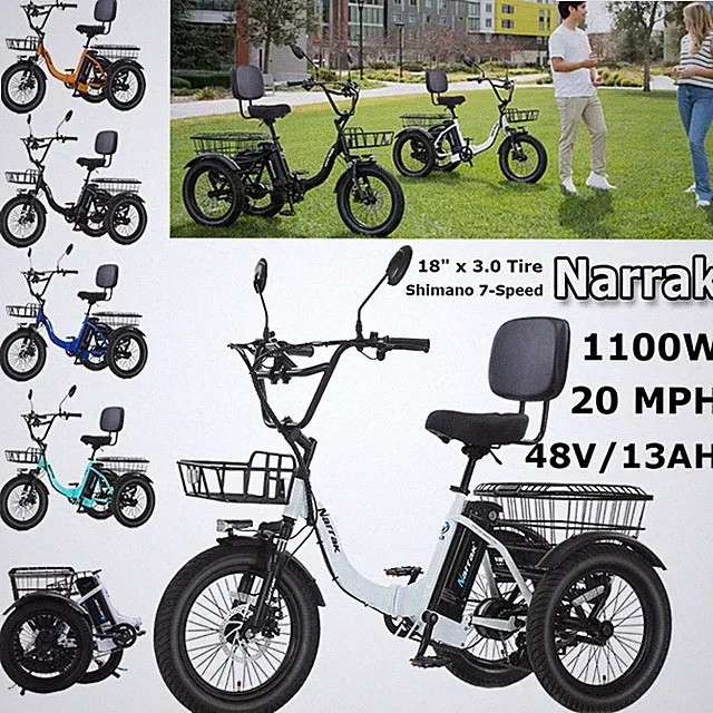 NARRAK Fat Tire Folding Electric Trike Peak Adults 13A Shimano 7-Speed N8 N6 N3