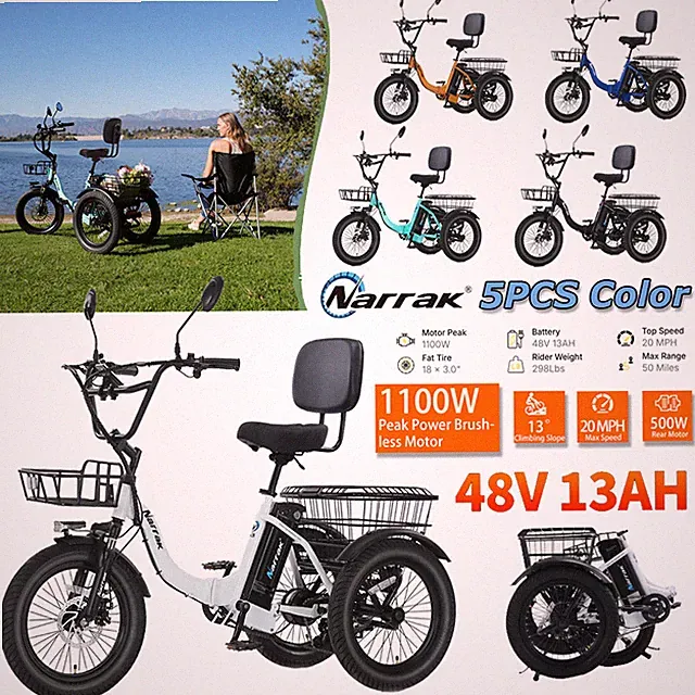 NARRAK Fat Tire Folding Electric Trike Peak Adults Shimano 7-Speed S180 N6 N3