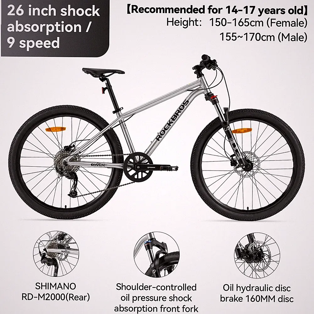 ROCKBROS Darwin 26"Kids Mountain Bike 9Speed Front Suspension SHIMANO Disc Brake